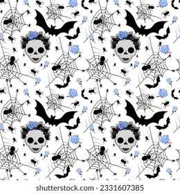 Seamless pattern with  spider,scull and foses. Halloween. Cinco de mayo.