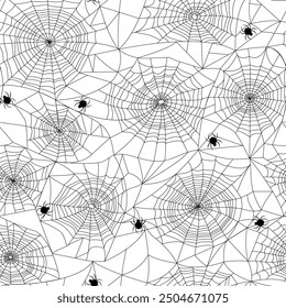 Seamless pattern with spiderweb and spiders. Halloween decoration with cobweb.