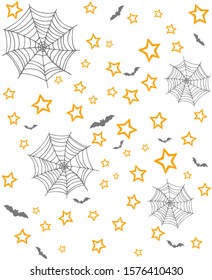 Seamless pattern with spiderwebs, stars and bats over white background. Halloween theme