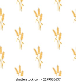 Seamless pattern with spikelets and grains of wheat on white background. Vector cartoon flat illustration for backery packaging, flour production, agriculture, harvest design