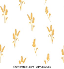 Seamless pattern with spikelets and grains of wheat on white background. Vector cartoon flat illustration for backery packaging, flour production, agriculture, harvest design