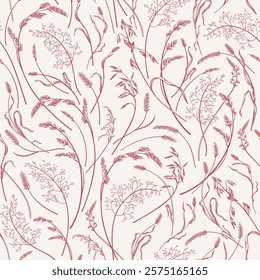 Seamless pattern with spikelets and herbs. Monochrome botanical drawing. Red