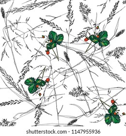 seamless pattern with spikelets and strawberries,  hand-drawn vector illustration
