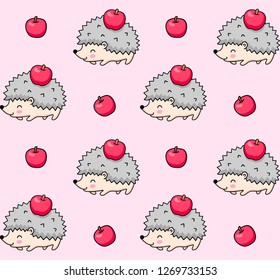 Seamless pattern of spiky hedgehogs with apples. Cute cartoon animal background. Vector illustration.