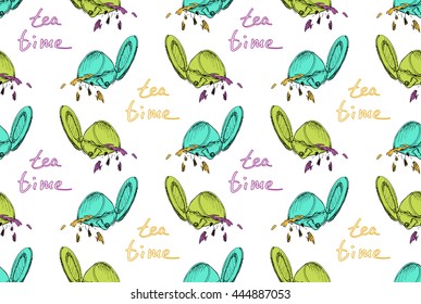 Seamless pattern of the spilled tea or coffee cup