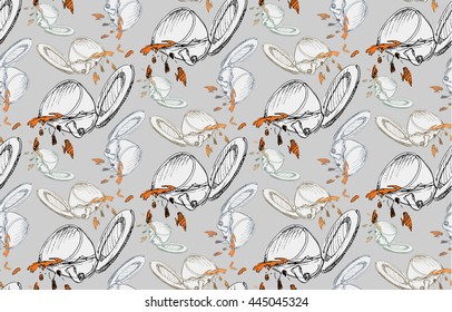 Seamless pattern of the spilled tea or coffee cup