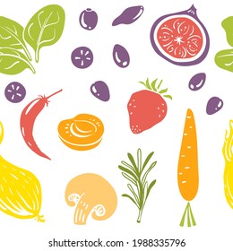 Seamless Pattern With Spinach, Onion, Fig, Strawberry, Carrot Etc. Colorful Paper Cut Collection Of Fruits, Vegetables And Berries Isolated On White Background. Doodle Hand Drawn Vector Illustration