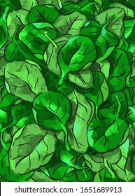 Seamless pattern with spinach, salad greens, vegan green