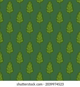 Seamless pattern Spinach salad on teal background. Minimalistic ornament with lettuce. Geometric plant template for fabric. Design vector illustration.
