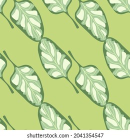 Seamless pattern Spinach salad on pastel green background. Modern ornament with lettuce. Geometric plant template for fabric. Design vector illustration.