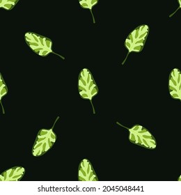 Seamless pattern Spinach salad on black background. Minimalistic ornament with lettuce. Geometric plant template for fabric. Design vector illustration.