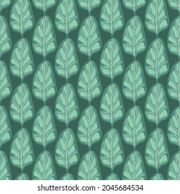 Seamless pattern Spinach salad on turquoise background. Abstract ornament with lettuce. Geometric plant template for fabric. Design vector illustration.