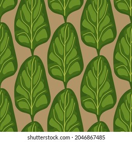 Seamless pattern Spinach salad on brown background. Modern ornament with lettuce. Geometric plant template for fabric. Design vector illustration.