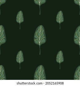 Seamless pattern Spinach salad on dark green background. Minimalistic ornament with lettuce. Geometric plant template for fabric. Design vector illustration.