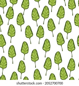 Seamless pattern Spinach salad on white striped background. Modern ornament with lettuce. Random plant template for fabric. Design vector illustration.