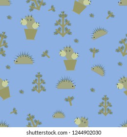 Seamless pattern of the spiny hedgehog cactus, green spruce branches and festive background for printing, children's fabrics