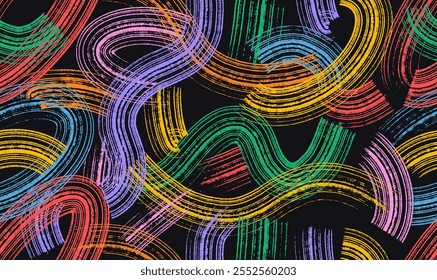 Traçados de pincel espiral de padrão sem costura com textura de spray. Banner sem fim desenhado à mão com traçados de pincel curvos coloridos grossos. Textura da angústia da arte sobre fundo preto. Padrão sem emenda do vetor