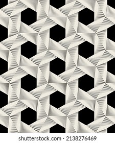 Seamless pattern with spiral curls. Vector repeating texture. Stylish background with linear twisted elements which forming hexagons.