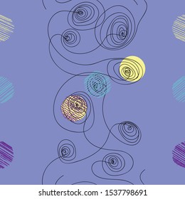 Seamless pattern of spiral drawing with light yellow, violet, blue circle elements and violet background 