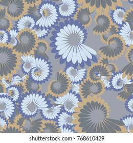 Seamless pattern. Spiral flowers of feathers. Five-color texture.