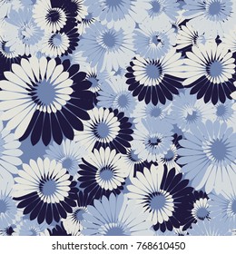 Seamless pattern. Spiral flowers of feathers. Five-color texture.
