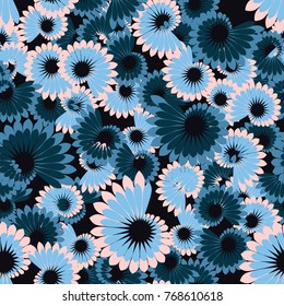 Seamless pattern. Spiral flowers of feathers. Five-color texture.