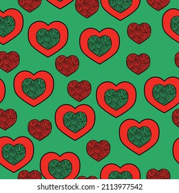 Patrón sin foco de corazones en espiral para el día de San Valentín, corazones de doodle rojos en una ilustración vectorial de fondo verde