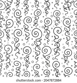 Seamless pattern. Spiral plant. Black and white linear drawing.Doodle style. For the design of backgrounds, wallpapers, textures, fabrics, wrapping paper, etc. Vector
