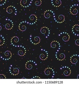 Seamless Pattern of Spiral Round Swirls of Stars of Different Colors on Dark Backdrop. Galaxy Continuous Background of Abstract Constellations.