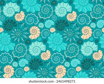 Seamless pattern with spiral sea shells on aquamarine color background. Trendy pattern with silhouettes and contour line seashells for fabric, textile, wrapping paper, wallpaper, stickers, notebook