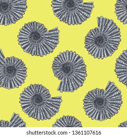 Seamless pattern of spiral seashells on a yellow background.