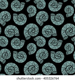 Seamless pattern with spiral shells. Marine theme. Limpet shell and black color. Vector illustration.