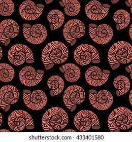 Seamless pattern with spiral shells. Marine theme. Peach echo and black color. Vector illustration