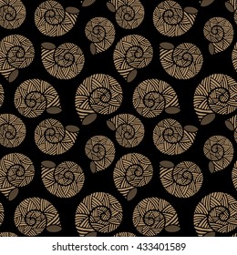 Seamless pattern with spiral shells. Marine theme. Iced coffee and black color. Vector illustration