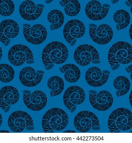 Seamless pattern with spiral shells. Marine theme. Black and snorkel blue color. Vector illustration