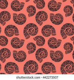 Seamless pattern with spiral shells. Marine theme. Black and peach echo color. Vector illustration