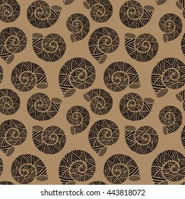 Seamless pattern with spiral shells. Marine theme. Black and iced coffee color. Vector illustration