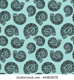 Seamless pattern with spiral shells. Marine theme. Black and limpet shell color. Vector illustration