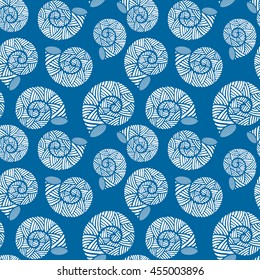Seamless pattern with spiral shells. Marine theme. White and snorkel blue color. Vector illustration