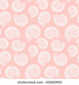 Seamless pattern with spiral shells. Marine theme. White and rose quartz color. Vector illustration