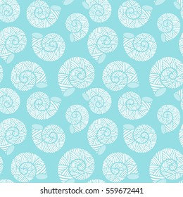 Seamless pattern with spiral shells. Marine theme. Vector illustration