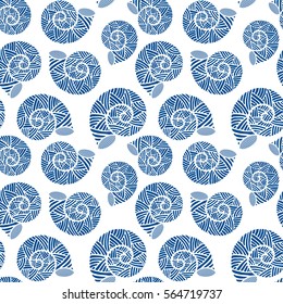 Seamless pattern with spiral shells. Marine theme. Lapis Blue color. Vector illustration