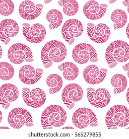Seamless pattern with spiral shells. Marine theme. Pink Yarrow color. Vector illustration
