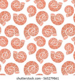 Seamless pattern with spiral shells. Marine theme. Flame color. Vector illustration