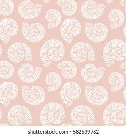 Seamless pattern with spiral shells. Marine theme. Pale Dogwood color. Vector illustration