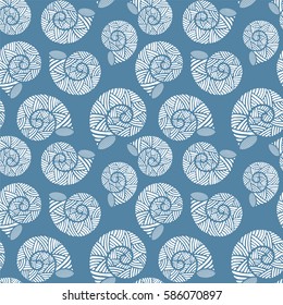 Seamless pattern with spiral shells. Marine theme. Niagara color. Vector illustration
