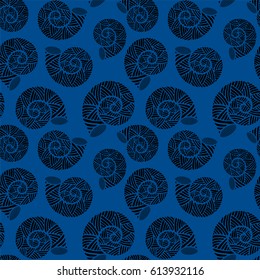 Seamless pattern with spiral shells. Marine theme. Vector illustration