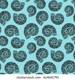 Seamless pattern with spiral shells. Marine theme. Vector illustration