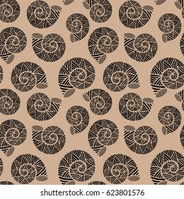 Seamless pattern with spiral shells. Marine theme. Vector illustration