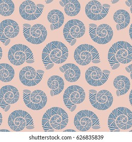 Seamless pattern with spiral shells. Marine theme. Vector illustration
